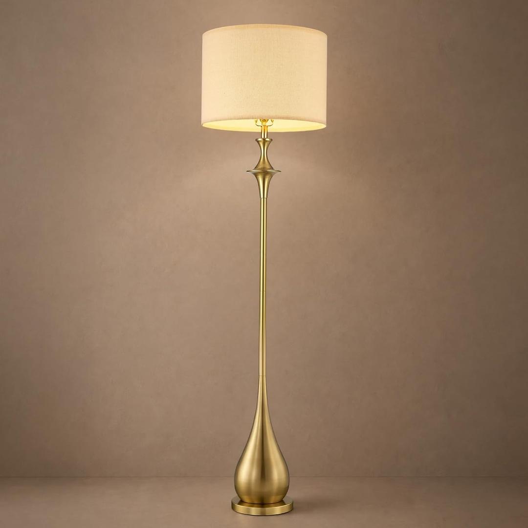 Hamilyeah 65" Gold Floor Lamp for Living Room, Mid Century Modern Standing Lamp with Textured Linen Drum Shade, Tall Sculptural Teardrop Lamp for Bedroom, Sofa Side & Reading Corner