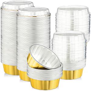 Tessco for you 100 Pcs Disposable Ramekins with Lids 8 oz Creme Brulee Ramekin Aluminum Foil Cup Cupcake Liner Baking Valentines Disposable Muffin Tin Pan Cheesecake Container (Yellow,Silver)