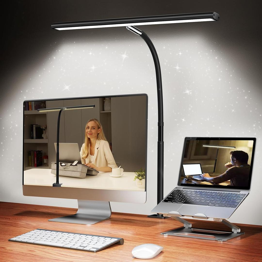 Airlonv LED Desk Lamp for Office Home, Eye-Caring Desk Light with Stepless Dimming Adjustable Flexible Gooseneck, 10W USB Adapter Desk Lamp with Clamp for Reading, Study, Workbench (Black) (Standard)
