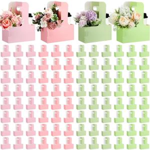 Reallnaive 100 Pack 2 Cup Disposable Drink Carrier for Delivery with Handle, Paperboard Coffee Holder for Mother's Day, Flower Bouquet Packaging, Takeout Cup Carriers for Dessert (Pastel Color)