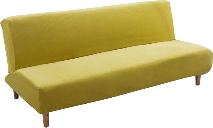 MIFXIN Velvet Futon Sofa Cover Armless Folding Sofa Slipcover Stretch Elastic Washable Couch Sofa Furniture Protector for Futon Foldable Sofa Bed Without Armrests (Mustard Yellow)