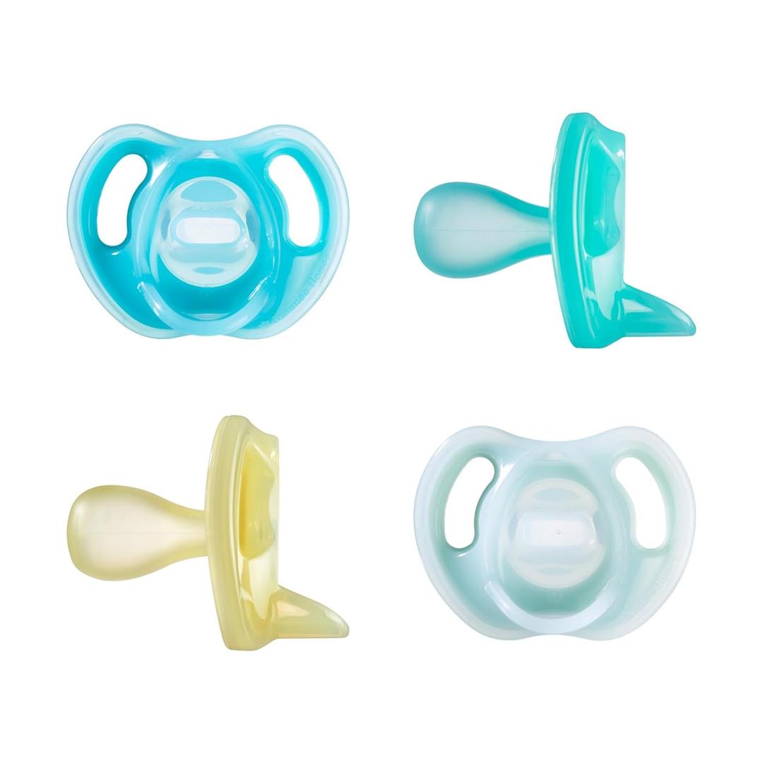 Tommee Tippee Ultra-Light Silicone Pacifier, 6-18 Months, Symmetrical One-Piece Design, BPA-Free Silicone Binkies, Blue/Green/Yellow, Pack of 4