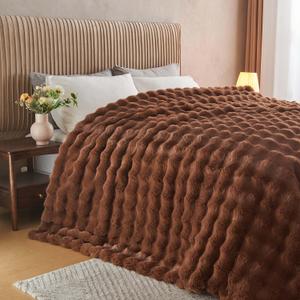 Lotus Karen Faux Fur Throw Blanket Dark Coffee - Big Bubble Rabbit Fluff Blanket for Couch Bed Sofa,Softest Fluffy Fuzzy Cozy Blanket,Thick Furry Plush Shaggy Warm Blankets for Women,90x90 Inches, Queen