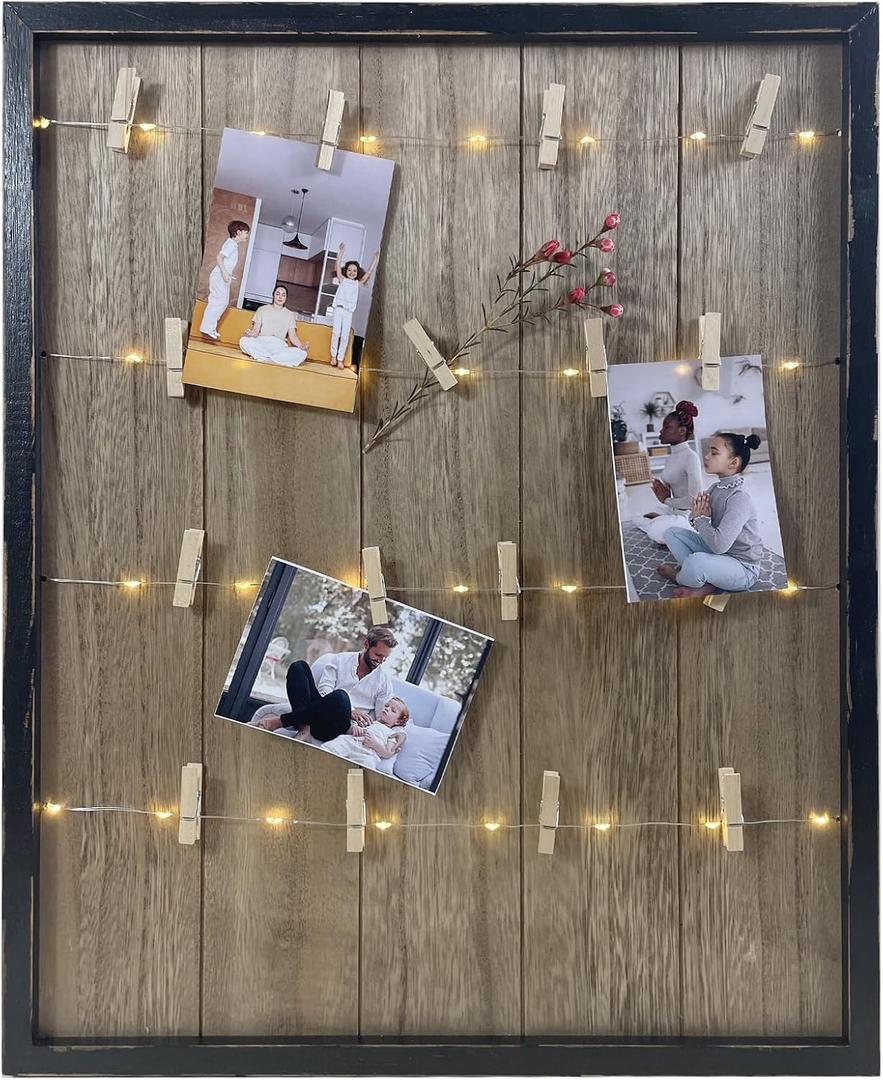 Clip Picture Frame with LED Fairy Lights, Solid Wood Frame with Wooden Clothespins to Hang Photos, Cute Accents, and Mementos, Vintage Home Decor, 15.75 x 19.25 (Black)
