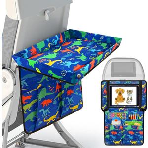 Adjustable Kids Tray Table Cover with Multi Portable Pockets, Airplane Travel Essentials for Kids, Toddlers, Adults, Airplane Must Haves, Plane Travel Essential, Travel Tray for Plane Train, Dinosaur (Blue Dinosaur Colorful)
