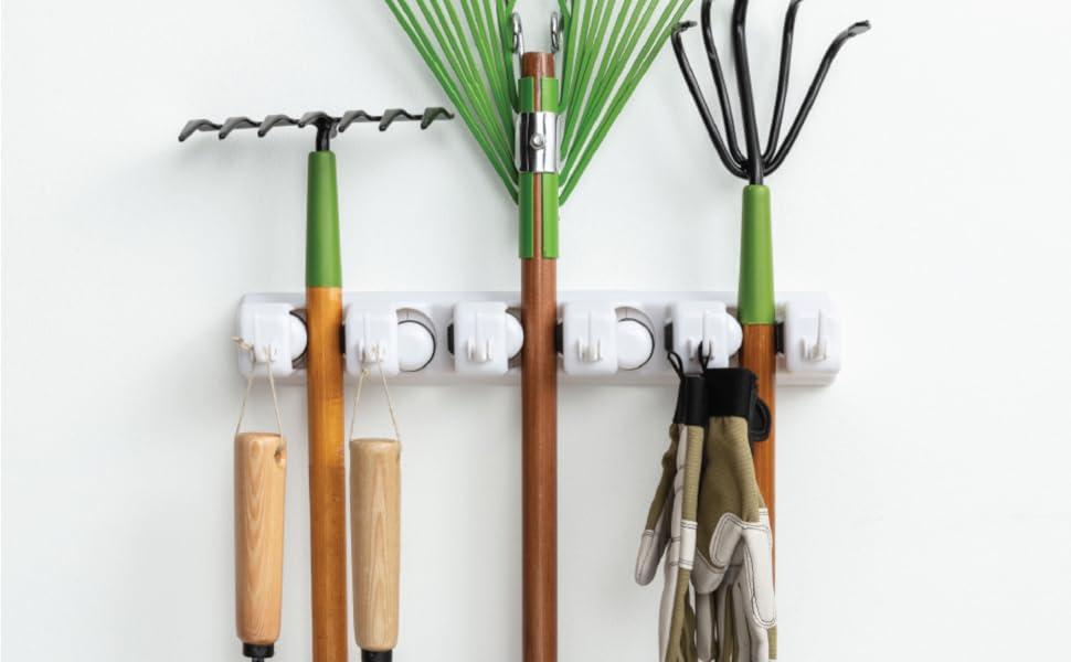 GORILLA GRIP Wall Mount Hook Fixture, Also Includes Slots to Hold Mop, Broom, Tools, Easy Install, Organize Cleaners, Tools, Home, Kitchen, Garage, 6 Hooks 5 Slots, Black