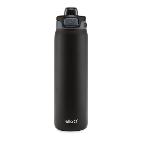 Ello Pop & Fill 22oz Stainless Steel Water Bottle with Quick Fill Technology, Double Walled and Vacuum Insulated Metal, Leak Proof Locking Lid, Sip and Chug, Reusable, BPA Free, Tonal Black