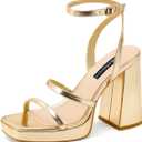 MIRAAZZURRA Platform Strappy Heel Sandals Square Open Toe Two Strap Chunky High Heeled Sandals with Buckle Ankle Strap for Women Party Wedding Dress, 7.5
