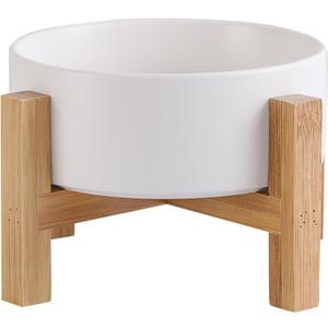 Elevated Ceramic Cat Bowl - Cat Food Bowl with Bamboo Stand - Raised Dog Dish for Puppies - Anti Vomiting, Stress Free - 13.5 oz / 400 ml - White (Small)