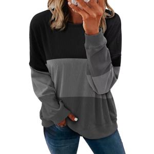 KISSMODA Women's Casual Long Sleeve Sweatshirt Color Block/Solid Crewneck Corduroy Pullover Cute Tops (E Black, Large)