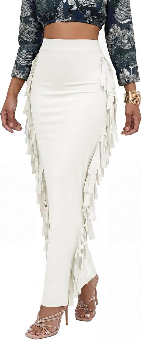 LYANER Women's Skirt Fringe Side Tassel Elastic Waist Slim Bodycon Long Maxi Pencil Skirts for Club (White)