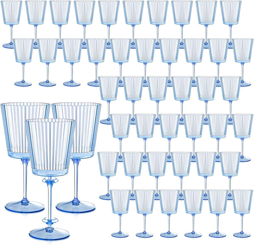 48 PCS Blue Ribbed Plastic Wine Glasses 13.5 OZ Ribbed Wine Glasses Detachable Wine Glass Elegant Fluted Glassware Vintage Style for Wedding Anniversary Birthday Dinner Parties(Blue, 48 Pack)