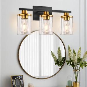GROWER 3 Light Bathroom Light Fixtures, Black Vanity Light for Bathroom, Bathroom Vanity Lights Over Mirror with Clear Glass Shade, Vanity Lighting Fixtures, Wall Lamp Sconces for Bedroom, Porch