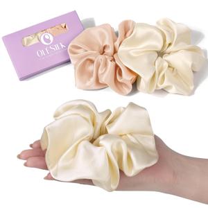 OLESILK Silk Scrunchies Oversized 100% Mulberry: Large for Long Thick Hair, Soft and Smooth for No Damage Hair Care Sleeping, Vintage Fashion (1 Count (Pack of 2), Champagne)
