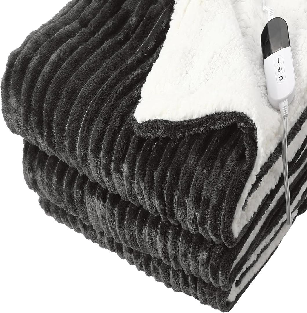 Electric Blanket Heated Throw Blanket, Super Soft Flannel & Sherpa Electric Throw Blanket with 6 Fast Heating Levels, 4 Hours Auto Off & OverHeat Protection, Machine Washable, 50'' X 60'', Dark Gray