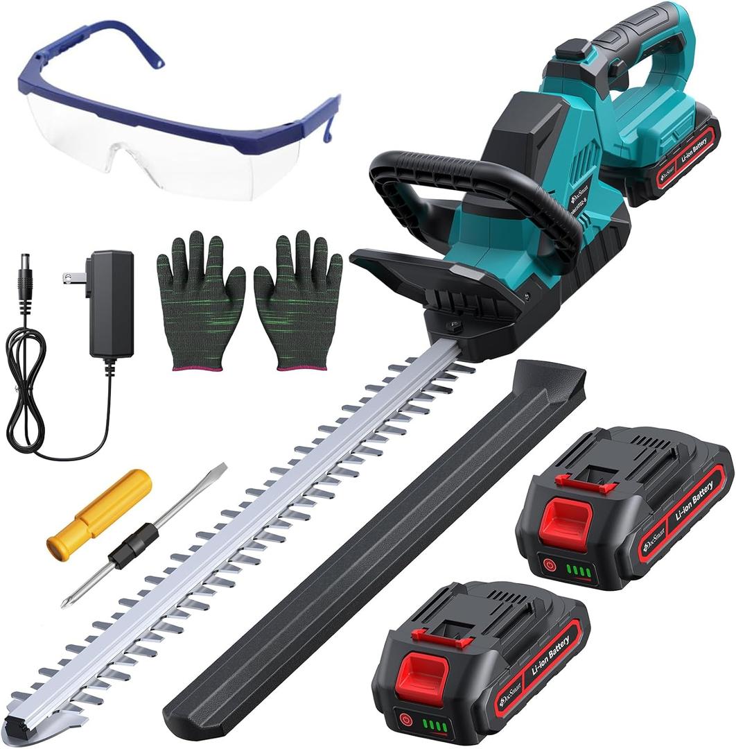 20'' Hedge Trimmer Cordless with Battery, Electric Handheld Bush Clipper with 2 Pack Rechargeable Batteries, 3000RPM 180 Rotatable Head, 2/3'' Blade Gap (Blue)