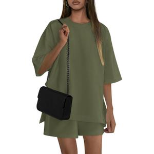 PRETTYGARDEN Women's 2 Piece Lounge Sets 2025 Summer Short Sleeve Tunic Tops Drawstring Shorts Matching Outfits Tracksuits (Army Green,Medium) (Green, M)