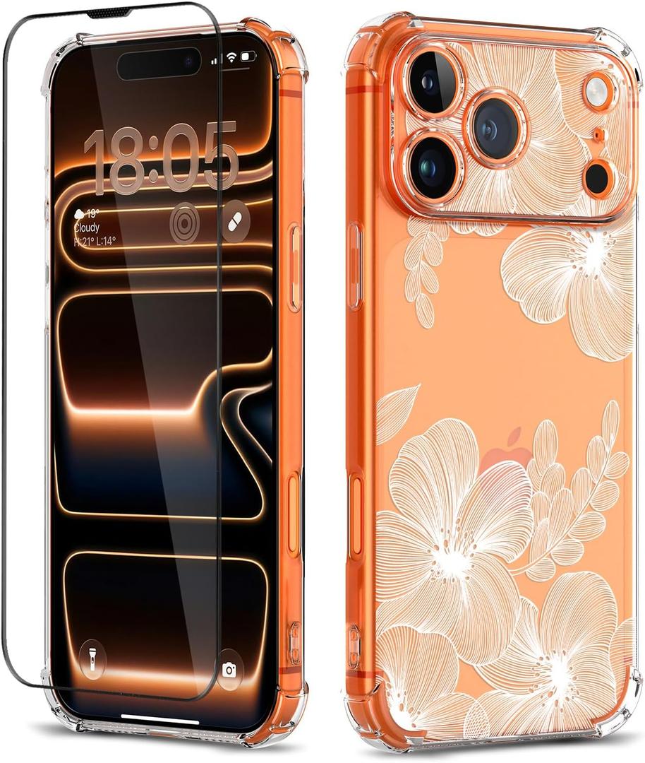 for iPhone 17 Pro Case with Screen Protector [Full Camera Protection] Flower Pattern Design,Clear Soft Shockproof Floral Phone Cover for Women Girls 2025 6.3"(Flower-2/White)