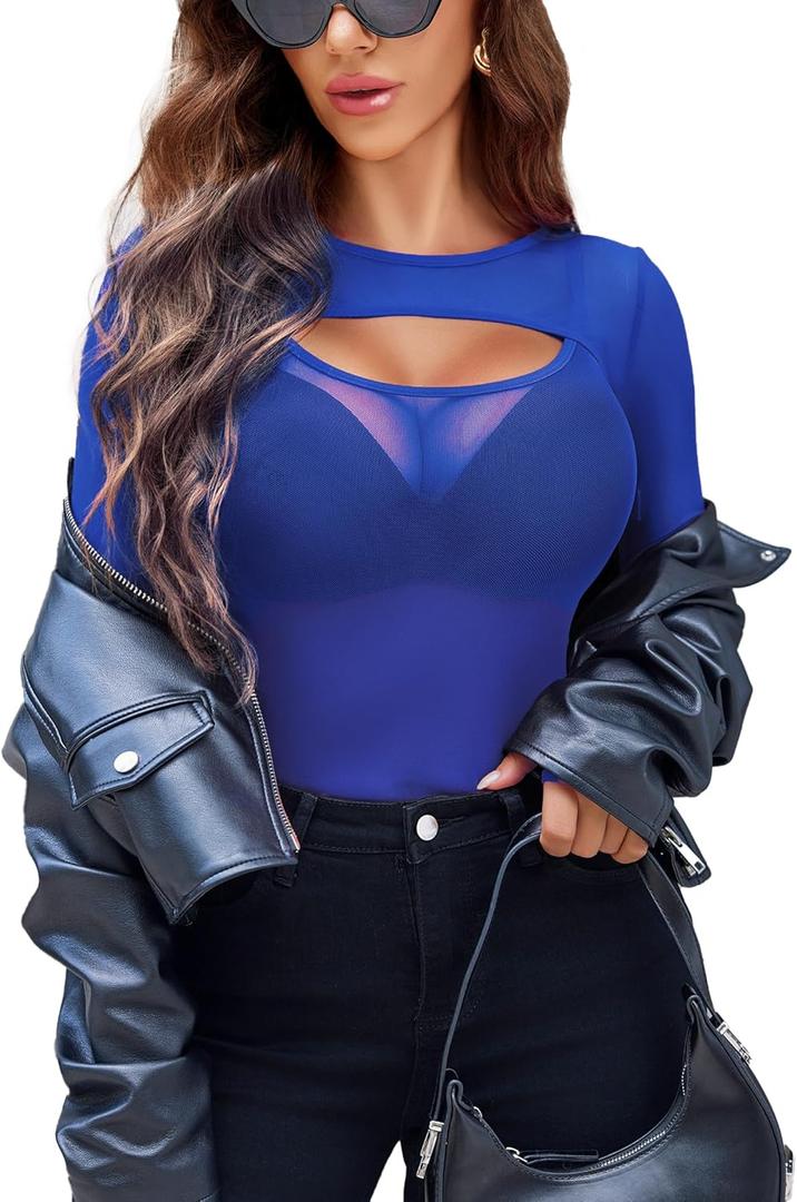 Avidlove Women Sexy Long Sleeve Mesh Top Teddy Bodysuit Clubwear Sheer Leotards with Garter Belt (Blue, L)