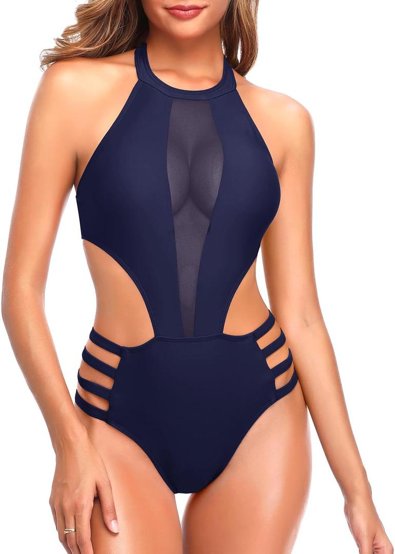 Tempt Me Women One Piece Sexy Mesh Swimsuit High Neck Halter Cutout Monokini Swimwear (Large, Blue)