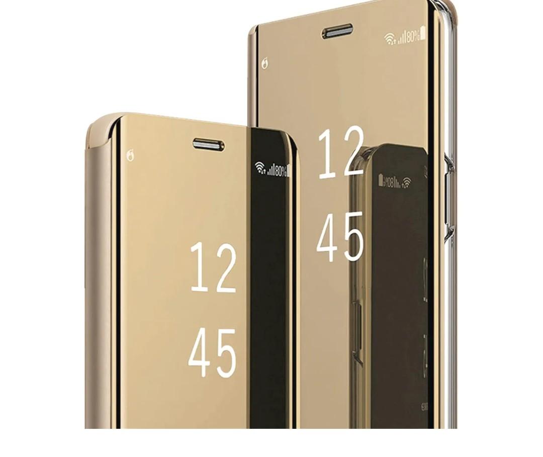 17 Pro Max Case Compatible with iPhone 17 Pro Max 5G Cell Phone Case with Kickstand, PU Leather, Clear View Makeup Mirror Flip Cover, Shockproof Protective Cover for iPhone 17 Pro Max 5G (Gold)