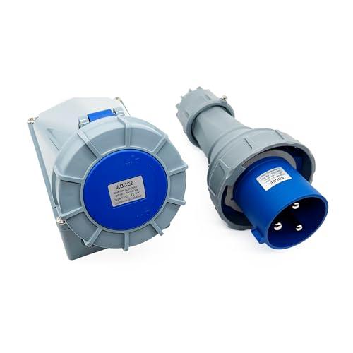 63A 3Pin Male+Surface-Mounted Receptacle Connector(Compatible with 60amp), IP67 Industrial Waterproof Connector Plug & Socket,Wall Mounted Plug(1Set),IEC60309 220V-250V 2P+E 6H