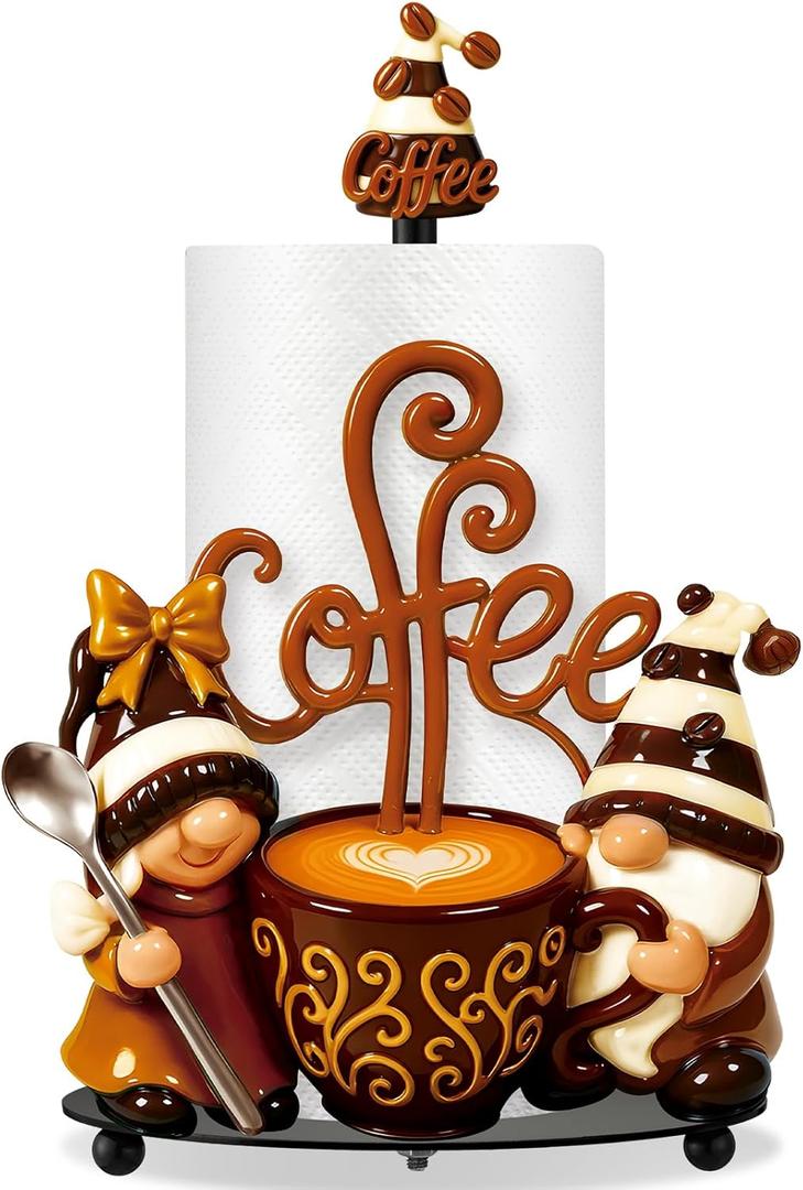 Thyle Coffee Gnomes Bar Decor Paper Towel Holder with Round Base Countertop Cute Rustic Gnome Kitchen Bathroom Decorative Paper Towel Holder Stand for Coffee Lovers Gifts Toilet Home Accessories