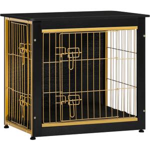 DWANTON Dog Crate Furniture with Cushion, Wooden Kennel Table with Double Doors, Indoor Dog House, Small/Medium/Large Size, 27.2" L, Black+Gold