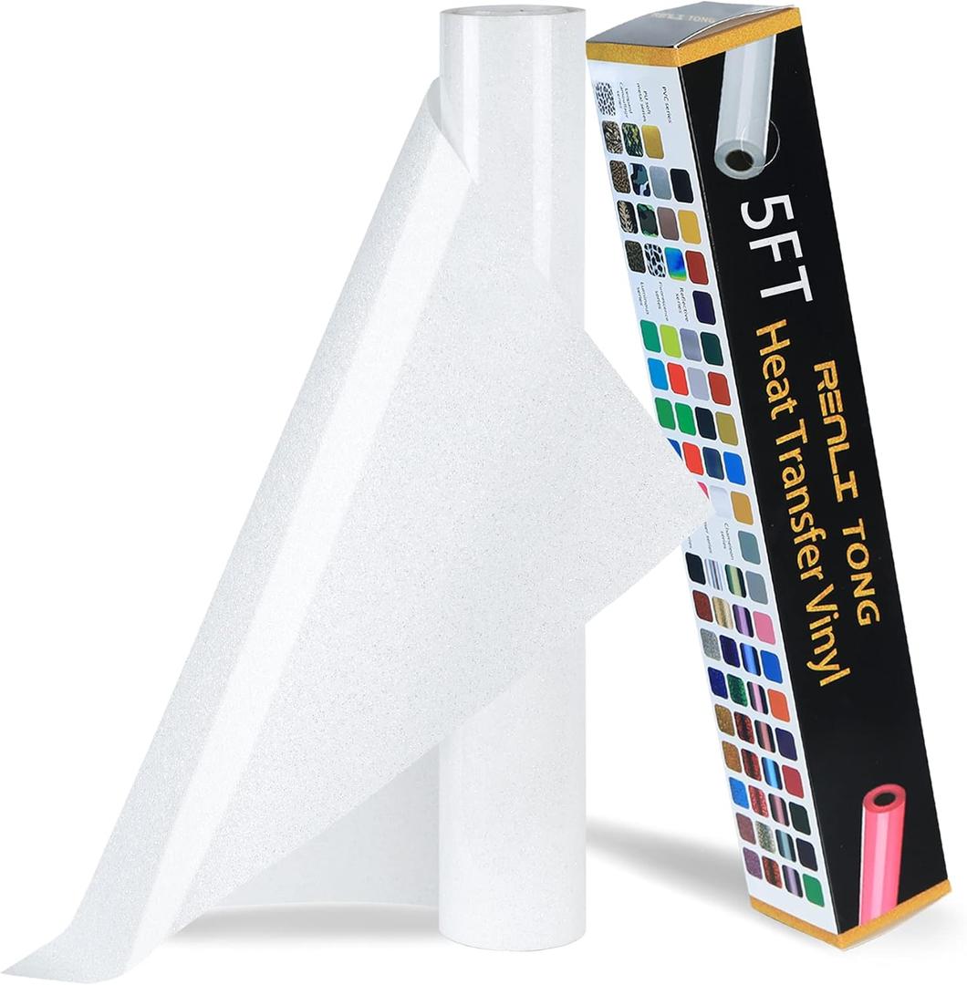 RENLITONG White Glitter HTV Heat Transfer Vinyl Rolls - 12 Inch x 5 feet Iron on Vinyl for T-Shirt and Silhouette, Easy to Cut & Weed for Heat Transfer Design (Glitter White)