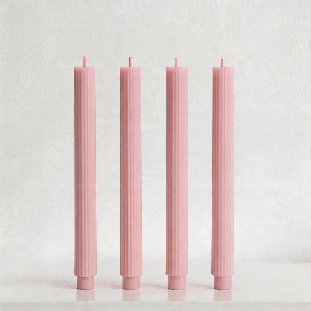 4 Pack | 10" Premium Unscented Ribbed Wick Taper Candles, Tall Ribbon Wax Dinner Unscented Modern Home Décor Soy Wax Handmade 12 Hours candlesticks (Baby Pink)
