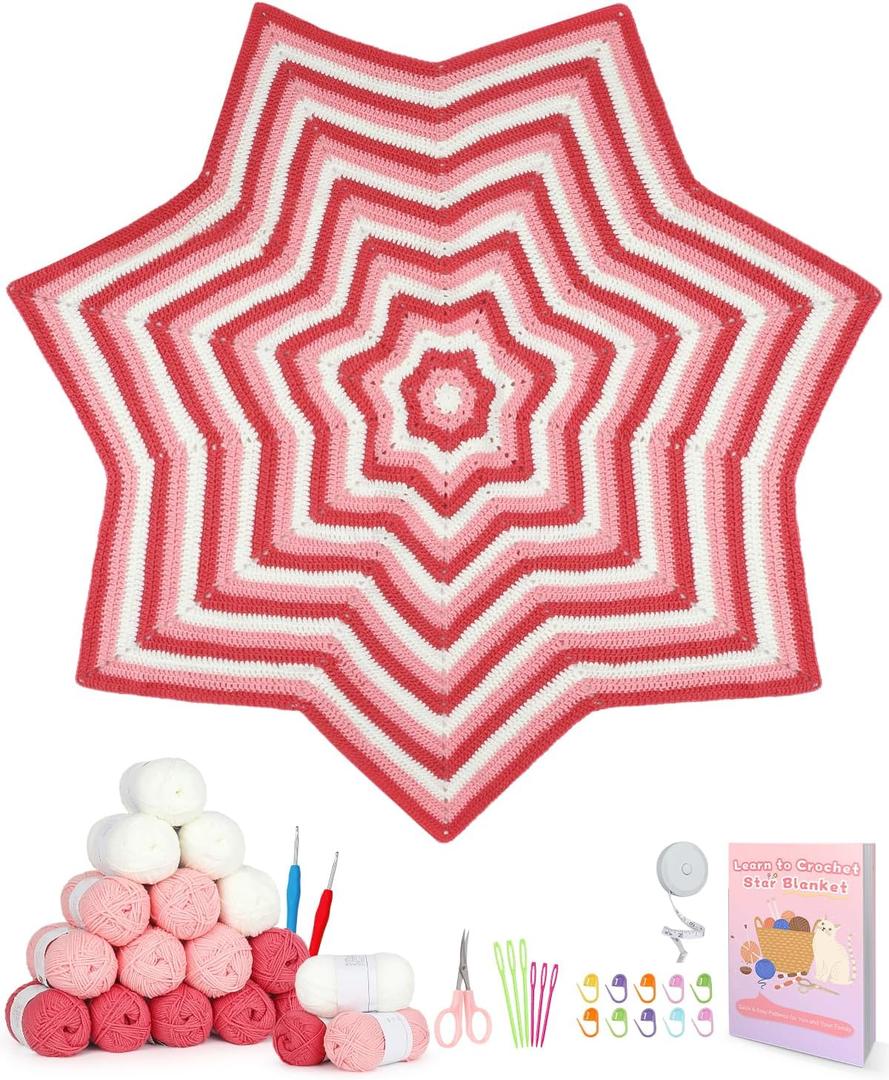 Katech Crochet Kit for Beginners, Learn to Crochet Granny Square Star Blanket Kits w/Step-by-Step Video Tutorials-Complete Beginner Crocheting Kit for Adults Kids-Easy Knitting Kit w/Enough Soft Yarn (pink)