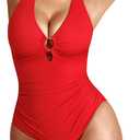 FeelinGirl Women Tummy Control One Piece Swimsuit Deep V Neck Design with Metal Rings Bathing Suit for Women (Red, XXXL)