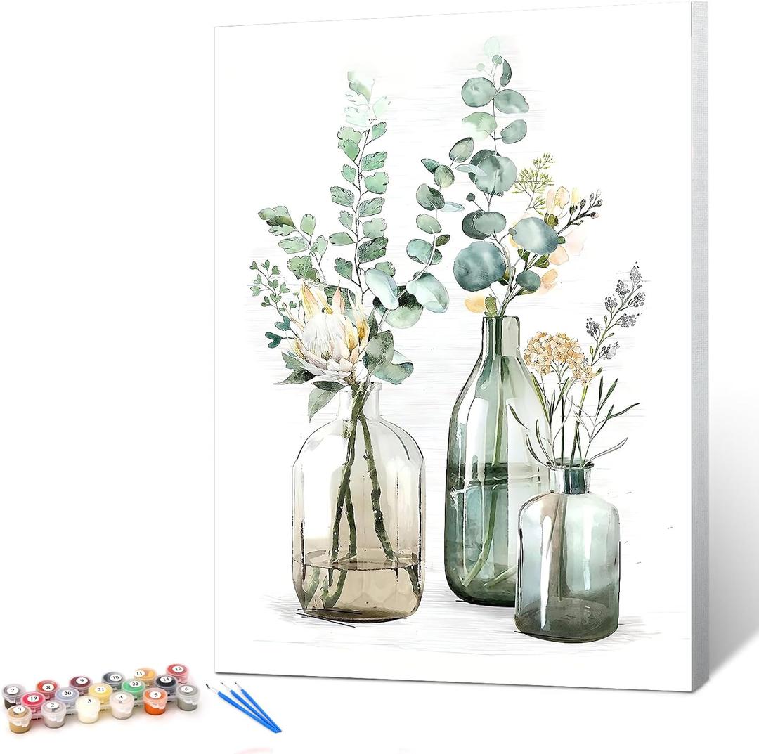 Ginkko Paint by Numbers Kit for Adults Beginner & Kids Ages 8-12 with Wooden Frame Easy Acrylic on Canvas 12x16 inch with Paints and Brushes, Bottle Flower (Include Framed)