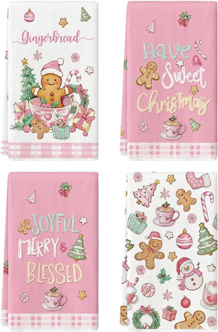 Artoid Mode Pink Gingerbread Sweet Candy Cane Christmas Kitchen Towels Dish Towels, 18x26 Inch Farmhouse Holiday Winter Decoration Cleaning Set of 4
