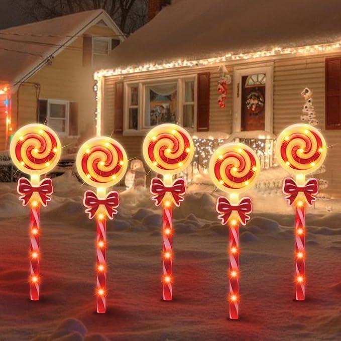 5 pcs  Christmas Lollipop Pathway Lights，5PCS Decorations Outdoor Yard, Pathway Marker Stake Lights for Patio Ground Path Sidewalk Walkway Driveway