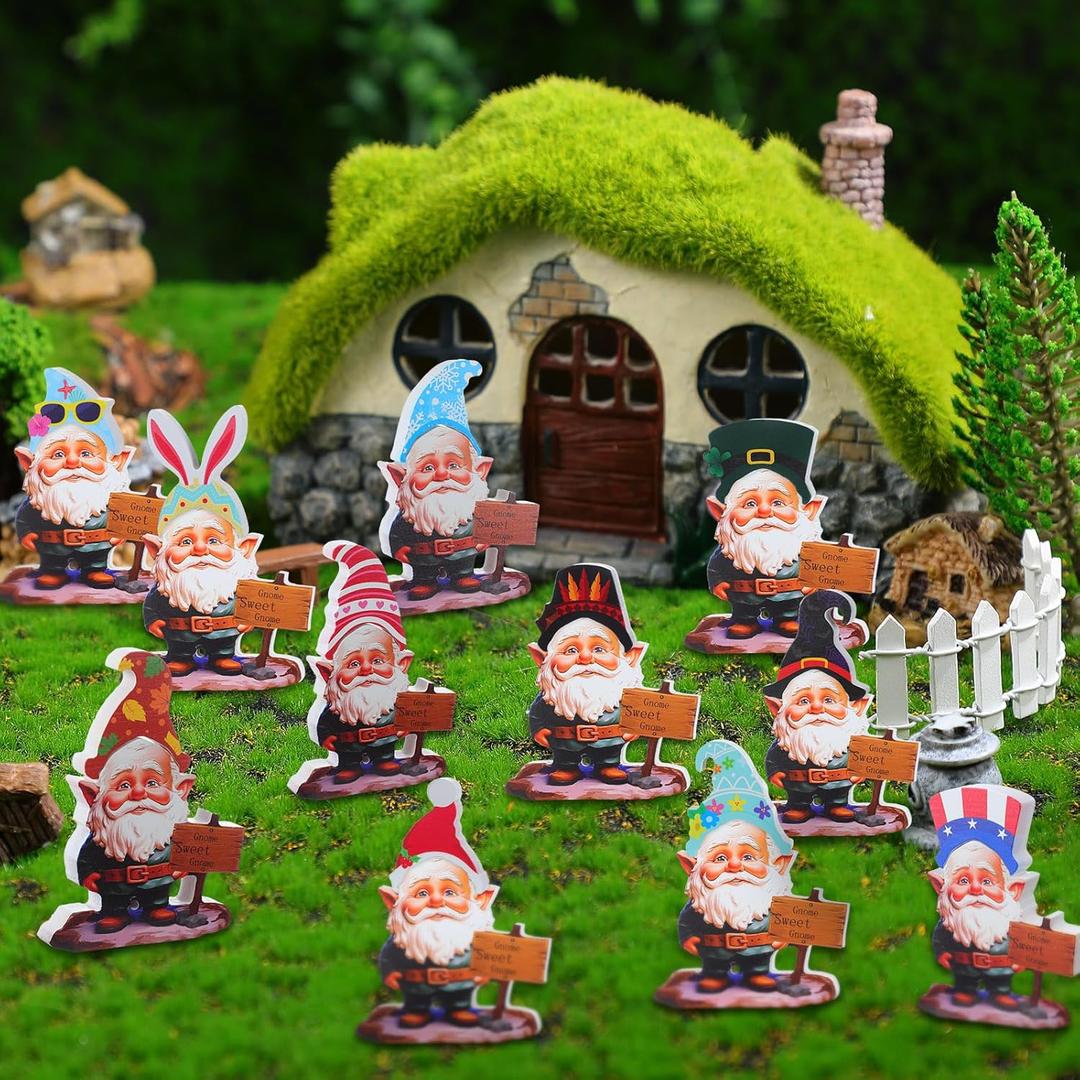12 Pack Christmas Wooden Garden Gnome Greeter Statue Includes 1 Mini Gnome and 11 Assortment Seasonal Hats Miniature Fairy Garden Accessory for Outdoor Indoor Patio Lawn Xmas Tabletop Decor