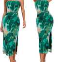 ALENDA DANMOS Womens Strapless Printed Midi Dress with Slit Floral Mesh Tube Top Dresses Ruched Bodycon Party Club Dress 333 (Green, M)