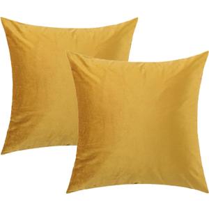 Set of 2 Velvet Solid Color Pillow Covers with Zipper, Plain Decorative Pillowcases, 18 x 18 inch Square Soft Cushion Covers (Yellow)