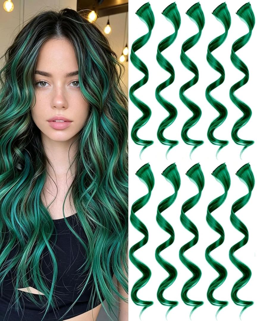 10 PCS Dark Green Clip-in Curly Wavy Synthetic Hair Extensions, Rainbow Neon Party Highlights, Colorful Hair Accessories for Kids, Girls, Women, 17 Inch