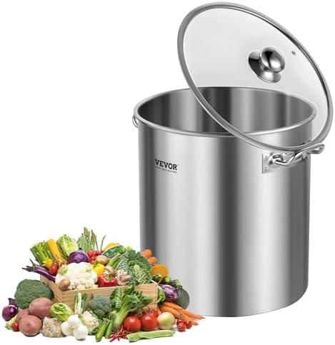 VEVOR Stainless Steel Stockpot, 24 Quart Cooking Pots, Cookware Sauce Pot with Lid, and Handle, Heavy Duty Commercial Grade Stock Pot, Sanding Treatment, for Steaming Boiling or Frying Silver
