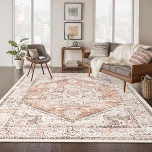 LIVEBOX 8x10 Area Rug for Living Room, Washable Orange Boho Rug, Soft Non-Slip, Low-Pile Vintage Medallion, Retro Faux Wool for Dining Room, Bedroom, Office (8 x 10 ft, Medallion Orange)