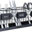 MyGift Wall Mountable Black Metal Utensil Holder Organizer, 15.7" Countertop Kitchen Silverware Flatware Caddy Holder Storage Basket with 3 Compartments and Chalkboard Labels