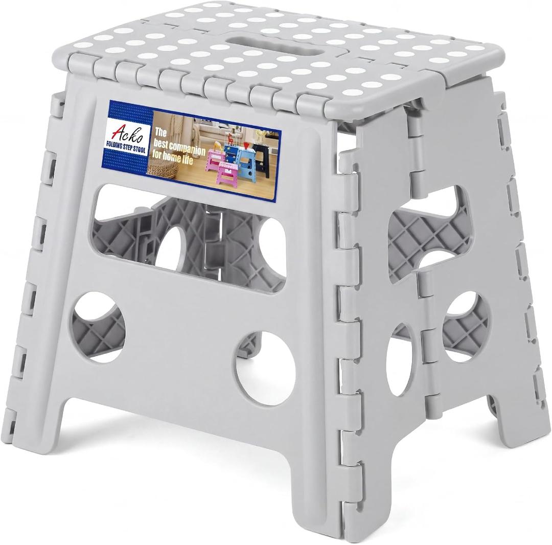 ACKO Folding Step Stool Foldable Stool 13 inch Plastic Stools for Kids and Adults Up to 300 lbs,Stepping Foot Stool with Portable Handle for Kitchen Closet Bedroom (Grey) (Gray)
