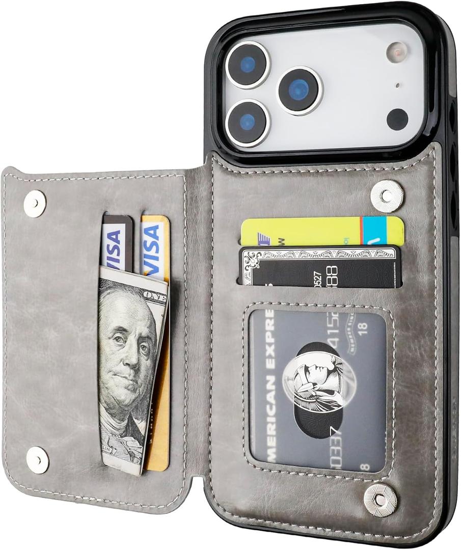 ONETOP Compatible with iPhone 17 Pro Max Wallet Case with Card Holder, PU Leather Kickstand Card Slots Case, Double Magnetic Clasp and Durable Shockproof Cover 6.9 Inch (Gray)