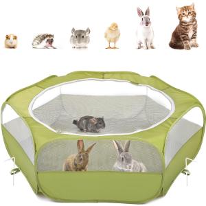 Pawaboo Small Animals Playpen, Waterproof Small Pet Cage Tent with Zippered Cover, Portable Outdoor Yard Fence with 3 Metal Rod for Chick/Kitten/Puppy/Guinea Pig/Rabbits/Hamster/Chinchillas, Green
