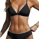Yonique Womens Push Up Bikini Set - Two Piece Swimsuit V Neck Crisscross Back Bathing Suit 2025 Swimwear (Small, Trim Black)