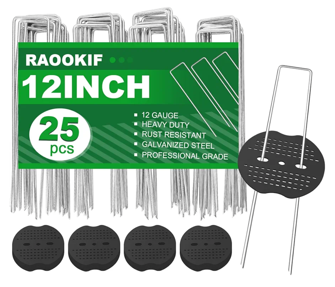 RAOOKIF Landscape Staples 12 Inch, 25 Pcs Galvanized Landscape Stakes with 25 Pcs Gaskets, 11 Gauge Heavy Duty U-Shaped Garden Staples for Weed Barrier Fabric, Tent, Lawn, Fence, Outdoor Decor