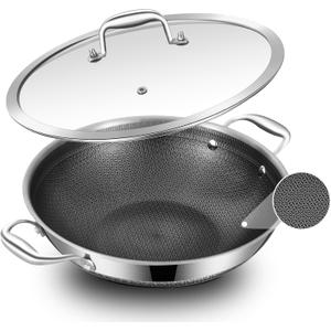 LOLYKITCH 12 Inch New Hybrid Tri-Ply Stainless Steel Wok Pan with Lid,Ceramic Nonstick Stir Fry Pans,Induction Cooking Pot,Dishwasher and Oven Safe