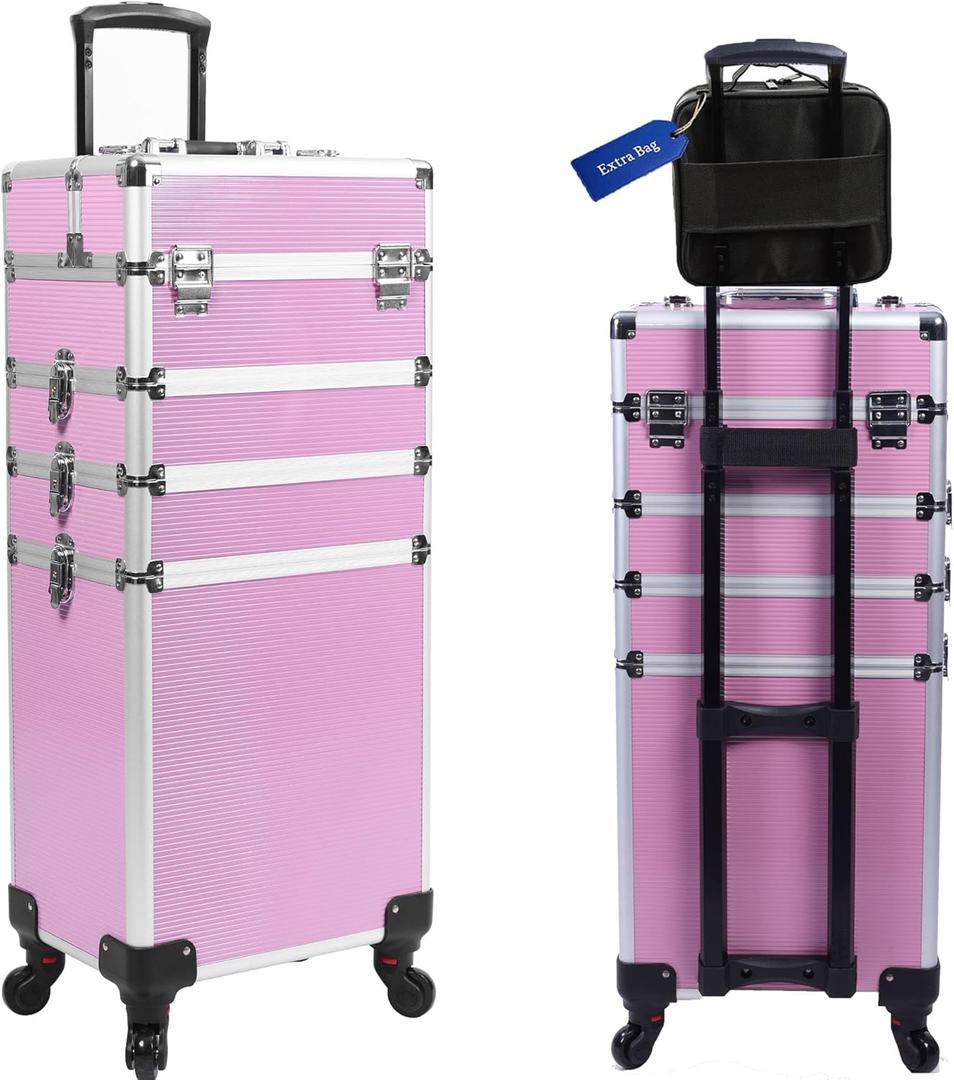 5 in 1 Professional Makeup Train Case Aluminum Cosmetic Case Rolling Makeup Case ExtraLarge Storage Organizer with Key Swivel Wheels Salon Barber Case for Make Up Nail Hairstylists, Pink