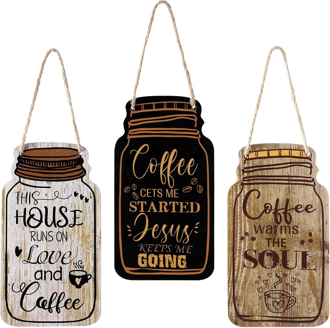 Jetec 3 Pcs Coffee Bar Decor Sign Mason Jar Wall Hanging Plaque Farmhouse Kitchen Decor Wooden Coffee Sign for Kitchen Home Living Room Wall Decorations (Simple Style)